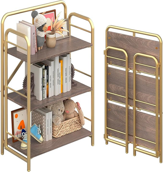 4NM No Assembly Folding Bookshelf, 3 Tiers Collapsible Book Shelves Open Industrial Foldable Storage Bookcase Shelf for Bedroom, Living Room, Home Office - Brown and Gold