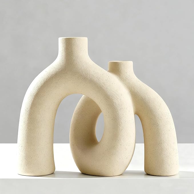Hug Donut Decorative Vase Set - Beige Vase, Modern Nordic Boho Style Vases Home Decor, Matte Ceramic Decorations for Living Room Shelf, Bookshelf Mantle Entryway Table or Console Décor (Beige)