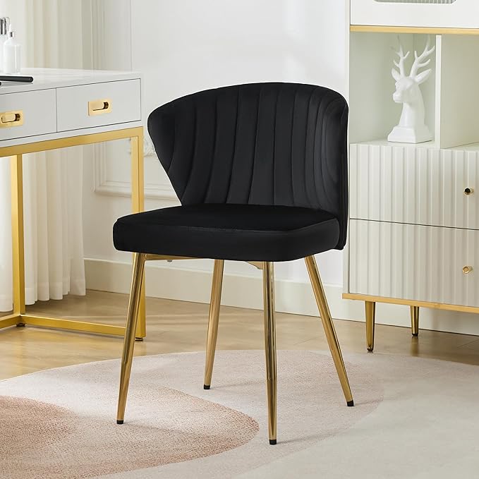 Velvet Vanity Chair, Modern Makeup Chair with Back Golden Legs, Small Cute Accent Chair for Vanity, Living Room, Bedroom, Beige, Black