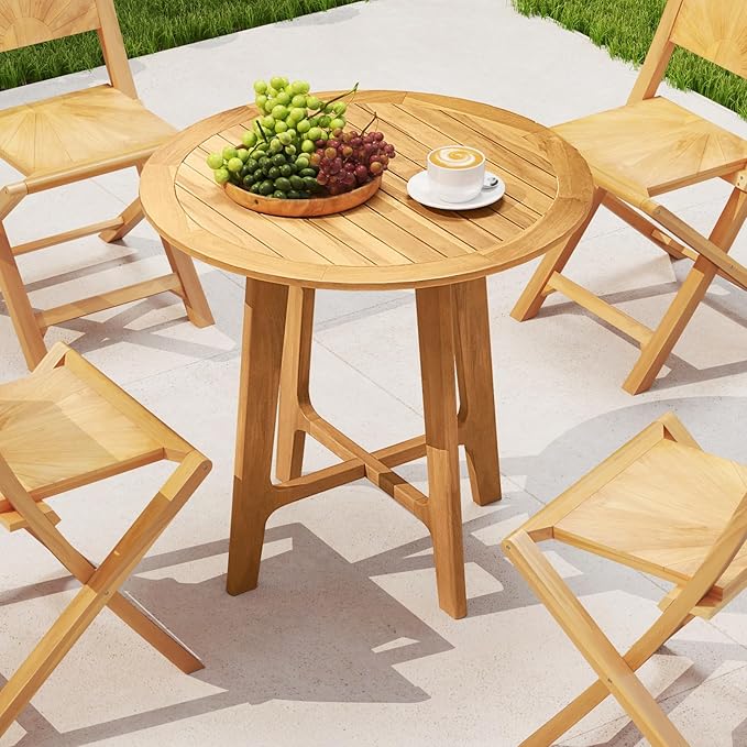 Tangkula 31.5” Patio Dining Table, Round Teak Wood Dining Table w/Slatted Tabletop, X-Shaped Frame, 4 Sturdy Supporting Legs, Farmhouse Dining Furniture for Dining Room, Garden, Poolside
