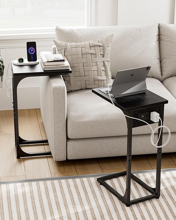 C-Shaped Side Table for Couch - Small Coffee Stand Sofa Tray Desk with Metal Frame Waterproof Scratch Resistant Wood Top and Built-in Charging Station, Black