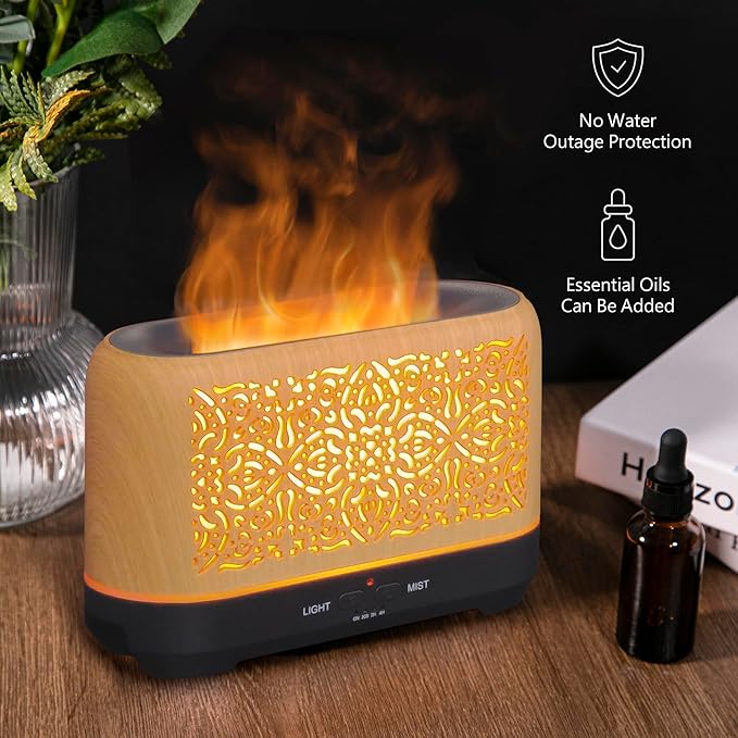 Earnest Living Essential Oil Diffuser Classic Flame Diffuser 200ml Timers Night Lights and Auto Off Function Home Office Humidifier Aromatherapy Diffusers for Essential Oils Wood