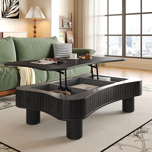 42.5" Lift Top Fluted Coffee Table with Hidden Storage Compartment, Modern Cloud-Shaped Wooden Center Table Cocktail Tea Table with Curved Safety Corners and Adjustable Height, Black