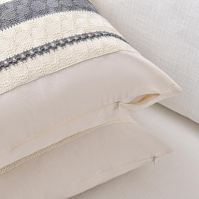 Fancy Homi Set of 2 Neutral Grey Farmhouse Euro Decorative Throw Pillow Covers 26x26 Inch for Couch Bed Chair, Vintage Country Rustic Retro Room Decor, Soft Thick Cotton Handmade Woven Cushion Case