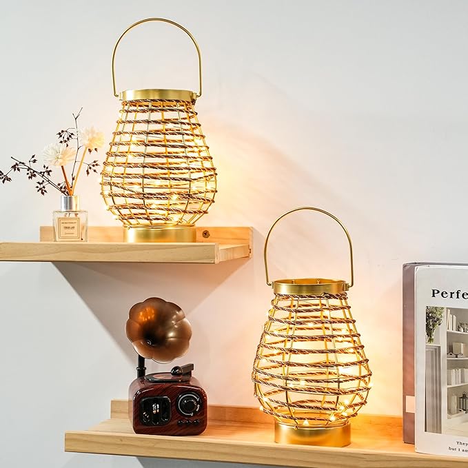 Set of 2 Metal Cordless Table Lamp 8 "H Metal Cage LED Cage Lamp with 6-Hour Timer, Vintage Decorative Fairy Lights Lantern for Indoor/Outdoor Bedrooms Weddings Parties Patio Events