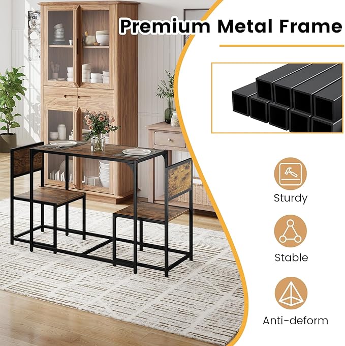 COSTWAY Small Dining Table for 2, Industrial Table and Chairs Set w/Metal Frame, Wood Grain Surface, 3-Piece Dinette Set, Space-Saving Kitchen Table Set for Small Place, Apartment, Home (Rustic Brown)