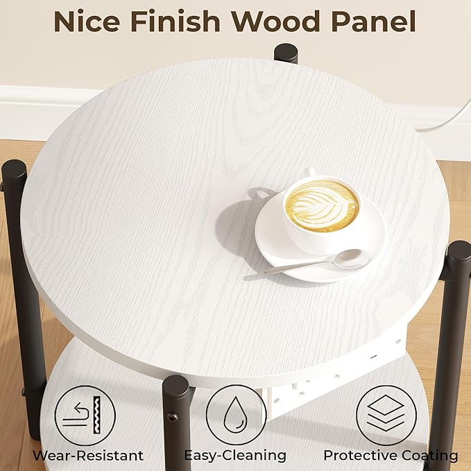 LIKIMIO 15.8" W Small Round Side Table with Charging Station, 2-Tier End Table with Lower Shelf, Wooden Nightstand for Small Spaces, Living Room, Bedroom, White
