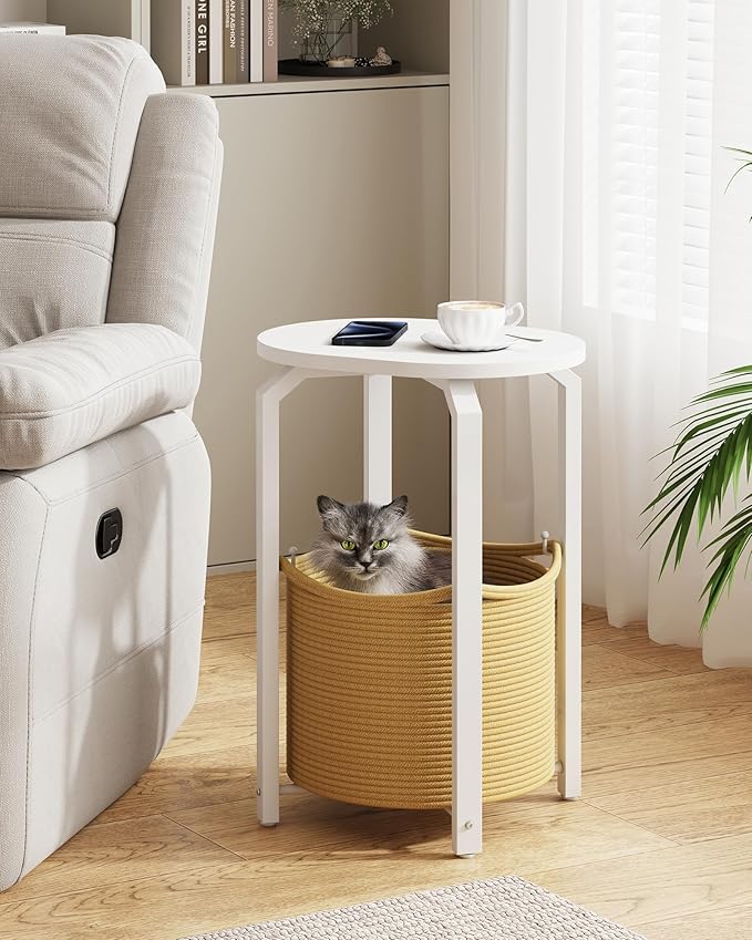 TUTOTAK Small Side Table, Oval End Table, Night Stand, Bedside Table, Sofa Table with Storage Basket, Living Room, Bed Room, White and Beige TB01BWN093