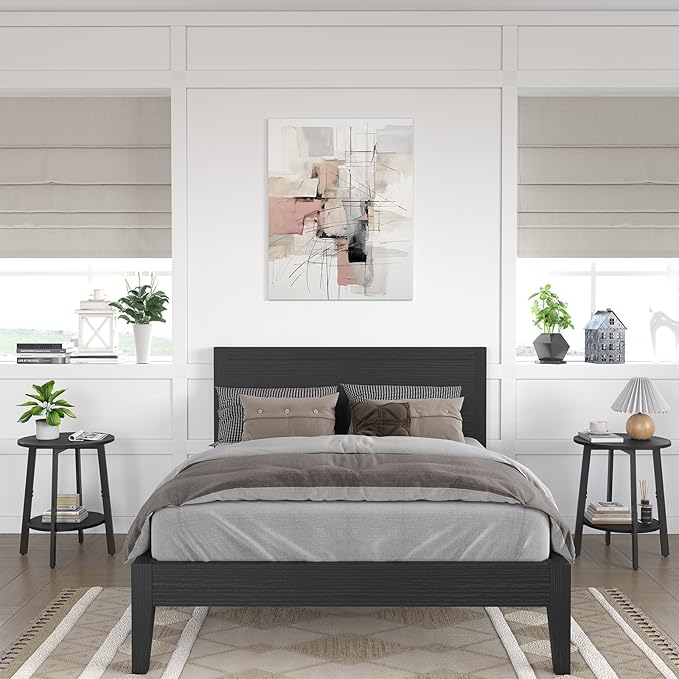 Side Table, Small Round End Table with Storage Shelf for Small Space, 2-Tier Black Bedside Table Sofa Couch Table, Round Accent Table Nighstands for Living Room, Bedroom, Black