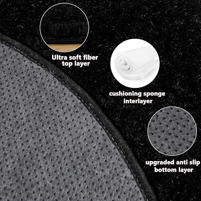 3'x3' Black Round Rug for Bedroom, Ultra Soft Fluffy Circle Rug for Kids Girls Boys Room, Cute Small Shag Rugs for Living Room Playroom Teen Room Home Decor Rug
