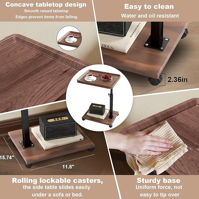 Gets Adjustable Height Sofa Tray Table for Couch,360°Swivel TV Tray for Small Spaces,C Table End Table with Wheels for Eating, Livingroom, Bedroom, Sofa-Walnut,15.8" X 11.8" X 31.5"