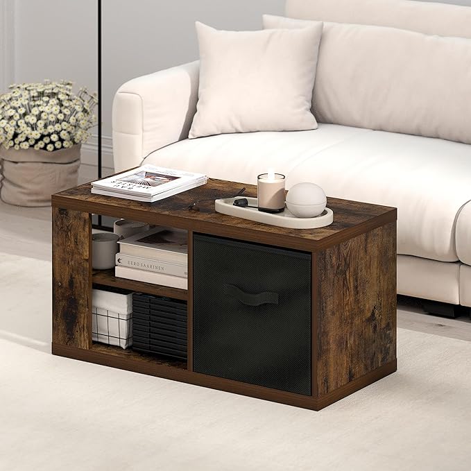 Furinno Viola Coffee Table, 3-Tier Modern Coffee Table with 1.2" Thick Tabletop, Side Table with Open Shelf and Storage Bin, for Living Room, Bedroom, Home Office, Amber Pine