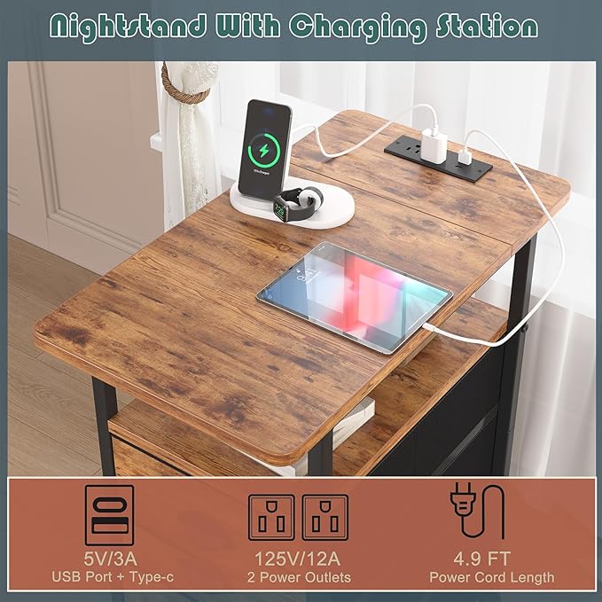 End Table with Charging Station,LED Side Tables with USB Ports and Outlets,Narrow Nightstands Bedside Tables with 3 Fabric Drawers for Small Space,Slim Sofa Table for Livingroom, Rustic Brown