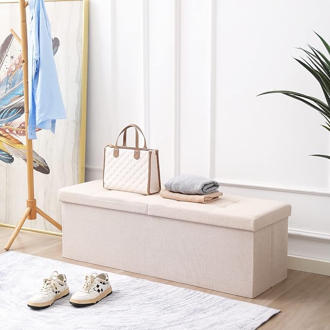 CUYOCA Shoe Storage Ottoman Foldable Seat Footrest Tufted Bench End of Bed Storage with Flipping Lid, 166L Storage Upholstered , Linen Fabric Beige, 45.3 Inches