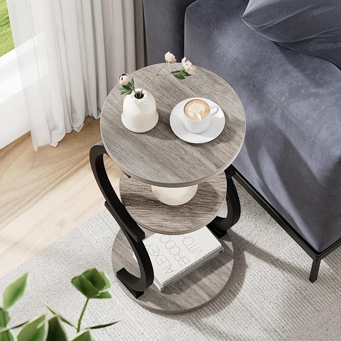 JUSTOGO Small Round Side Table, 3-Tier End Table for Living Room, Vintage Nightstand for Small Spaces Sofa Couch Corner Bedside Bedroom, S-Shaped Wood Accent Table Matel Coffee Table, Greige