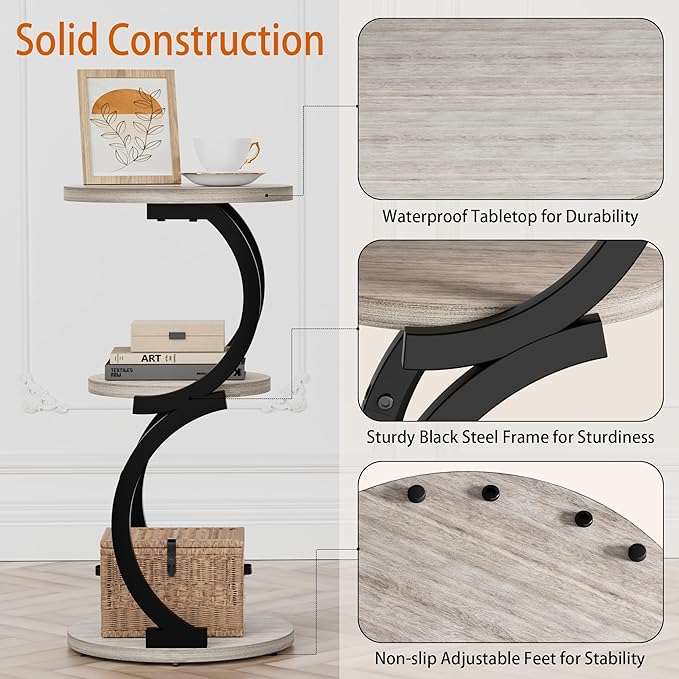 JUSTOGO Small Round Side Table, 3-Tier End Table for Living Room, Vintage Nightstand for Small Spaces Sofa Couch Corner Bedside Bedroom, S-Shaped Wood Accent Table Matel Coffee Table, Greige