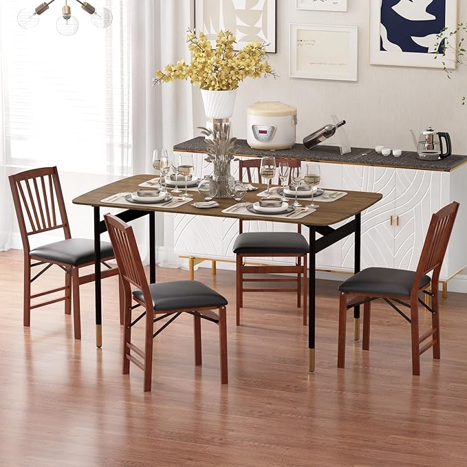 Folding Chairs Set 4, Wooden Foldable No Assembly Chair-Set with Padded Seats, Solid Wood Frame, 400 lbs Weight Capacity, Space Saving Dining Chairs for Small Space, Guests Kitchen (4, Slatted Back)