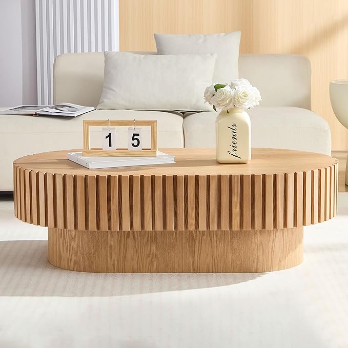 43.7'' Round Coffee Table for Living Room, Oval Coffee Table Modern Handcraft Drum Coffee Table Center Table Wood Small Coffee Table Side Table End Table with Sturdy Pedestal for Apartment,Natural Ash
