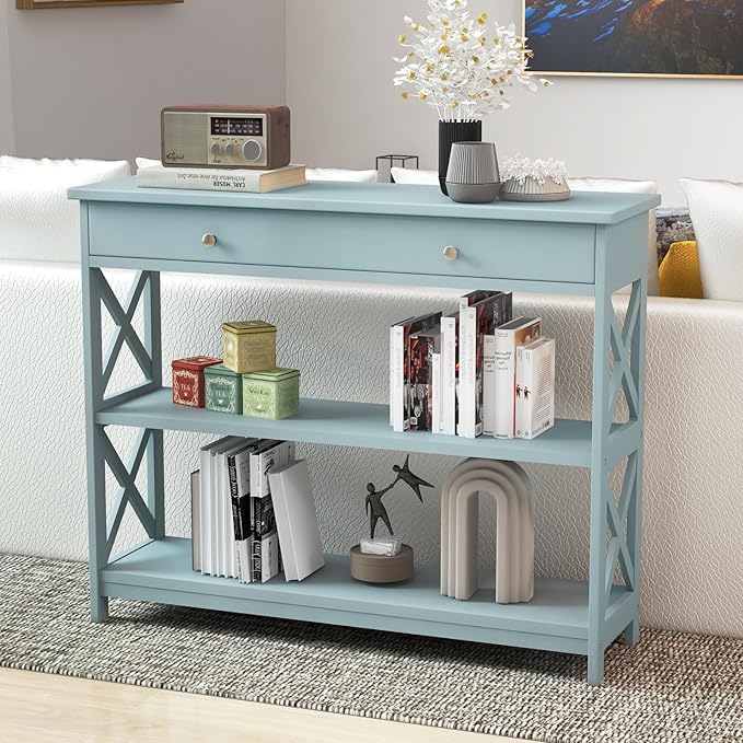 GOFLAME 39" Console Sofa Table with Drawers, 3-Tier Narrow Entry Table with Storage Shelves for Living Room Behind Couch, Entryway, Hallway (Green)