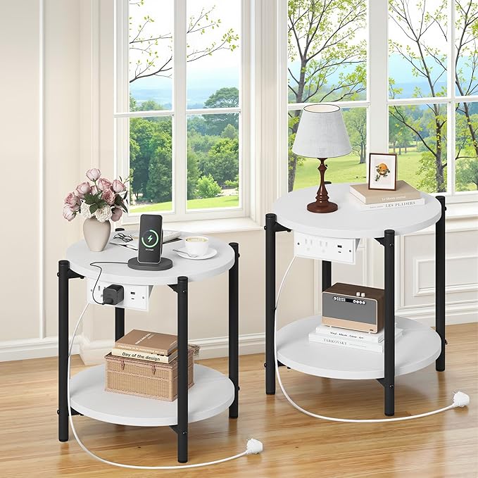 LIKIMIO Round End Tables, Set of 2, 16" W Small Round Side Tables with Charging Station, 2-Tier Modern Nightstands for Small Spaces, Living Room, Bedroom, White