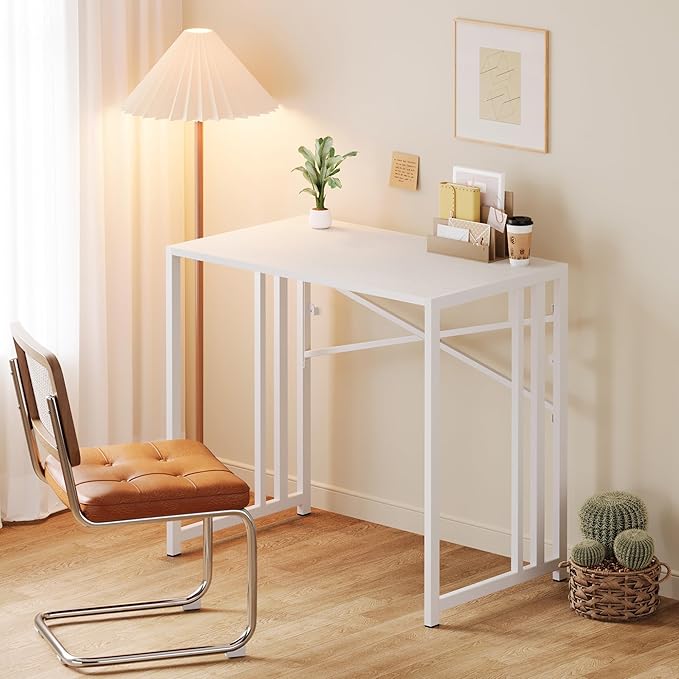 Small Folding Desk 35 inch, No Assembly Required Narrow Office Desk, Writing Gaming Computer Camping Table, White