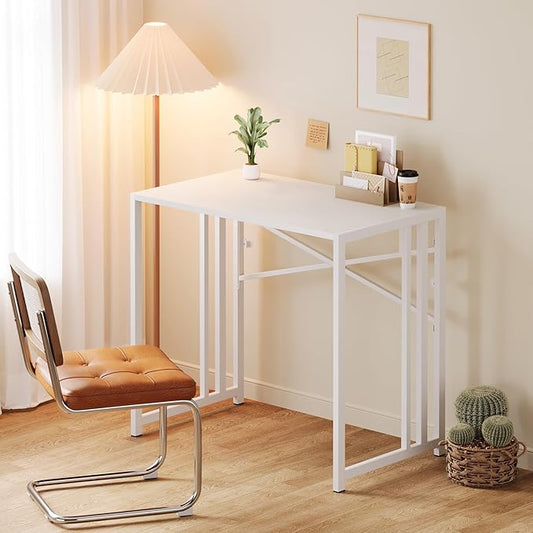 Small Folding Desk 35 inch, No Assembly Required Narrow Office Desk, Writing Gaming Computer Camping Table, White