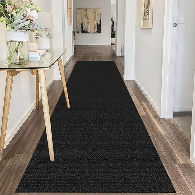 IOHOUZE Washable Runner Rug 3x10 Non Slip Rubber Backed Long Hallway Runner Entryway Runner Indoor, Kitchen Rugs Woven Cotton Floor Carpet for Hall Entrance, Black/Grey