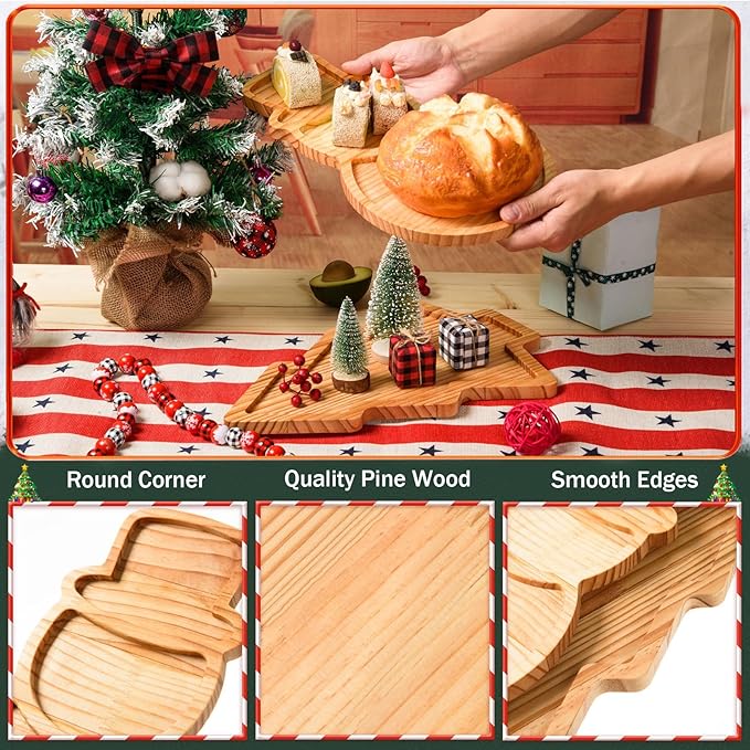 AWIZOM 2 Pcs Christmas Wooden Serving Platters Christmas Tree and Snowman Charcuterie Boards Xmas Wood Trays Decorative Wooden Snack Cheese Dish Plate for Winter Holiday Housewarming Present