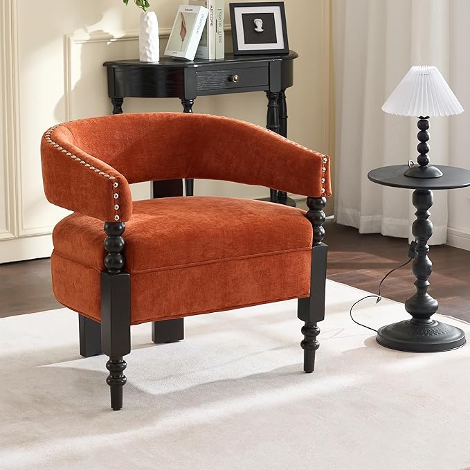 LOULENS Barrel Accent Chair for Living Room | Vintage Chenille Upholstered Lounge Chair with Solid Wood Legs, Armchair for Bedroom, Reception Room & Reading Nook, Orange