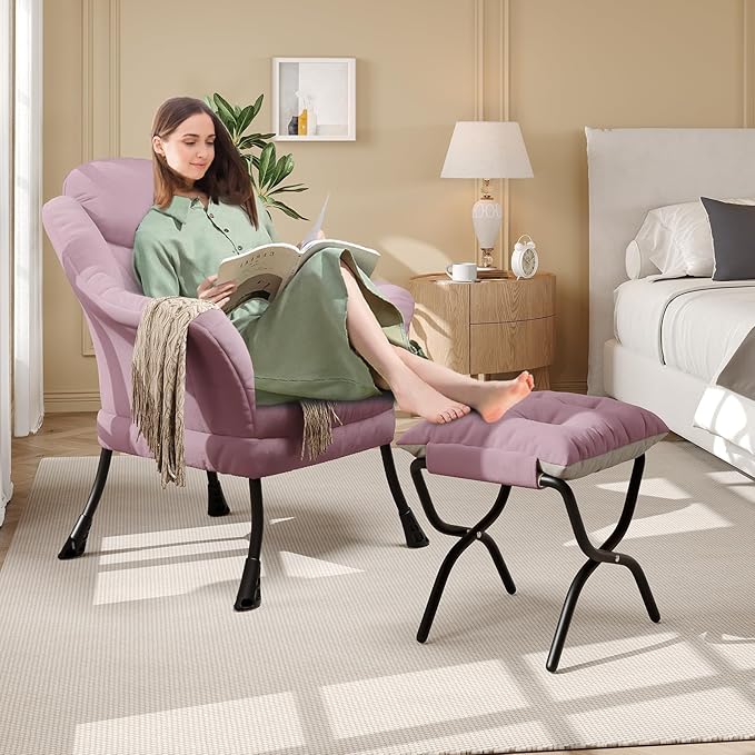 Living Room Chair Modern Accent Chair with Ottoman, Ergonomic Support, Foldable Footrest, Removable Washable Cover, Perfect for Bedroom and Living Room, Pink