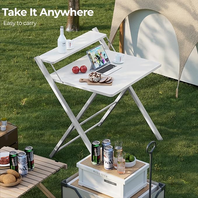 GreenForest No Assembly Folding Desk, 2-Tier Compact Computer Desk with Shelf, Space Saving Foldable Table for Home Office, Dorm or Apartment, Portable Collapsible Sturdy Laptop Desk, White