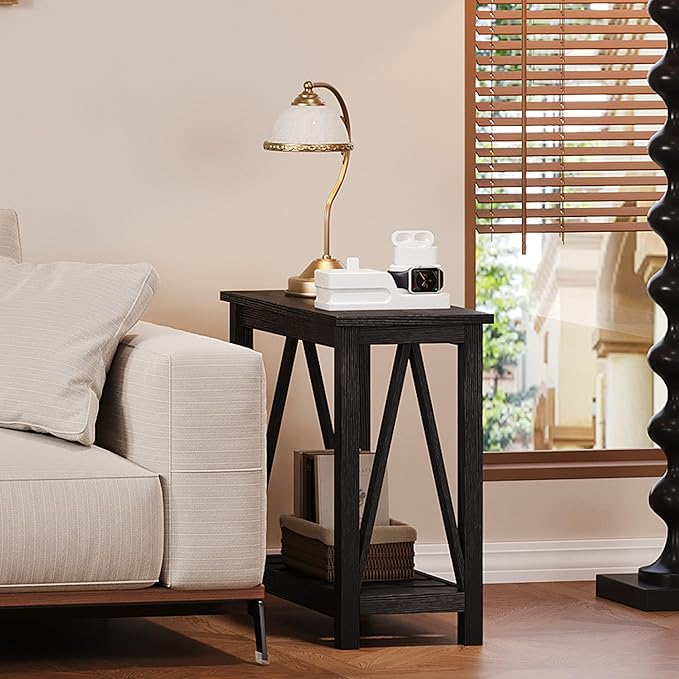ChooChoo Farmhouse End Table Set of 2, Rustic Vintage Narrow End Side Table with Storage Shelf for Small Spaces, Nightstand Sofa Table for Living Room, Bedroom Black