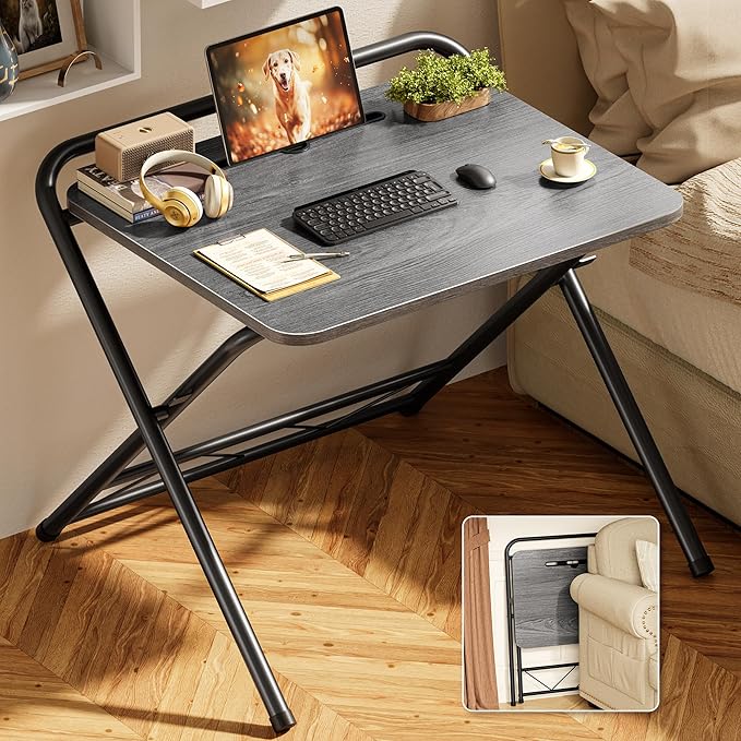 Huuger Folding Desk with 3-Level Adjustable Height and Tablet Slot, 24 Inch Foldable Computer Desk for Small Spaces, Space Saving, Writing Work Table for Home Office, Bedroom, Study, Grey