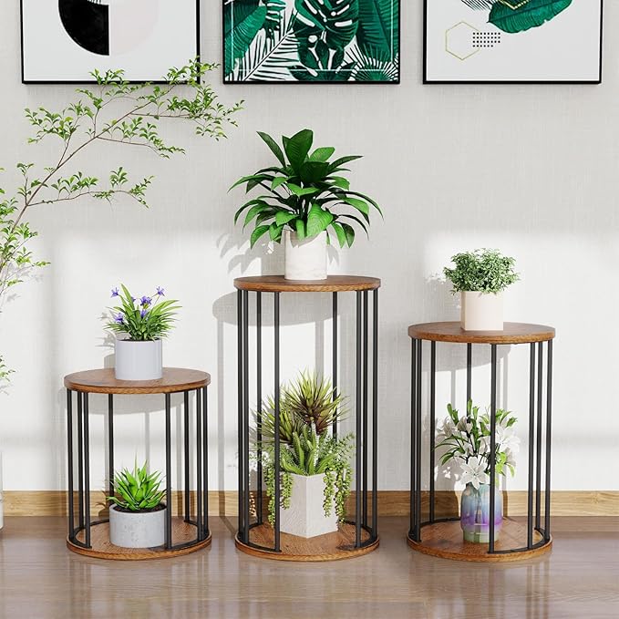 Plant Stand Indoor,small plant stool,Flower Pot Corner stand holder,Mid Century Heavy Duty Metal Tall Home Decor,Modern Round End Table,Small Rustic Display Stand for Living Room,Bedroom (Brown,3 Packs)