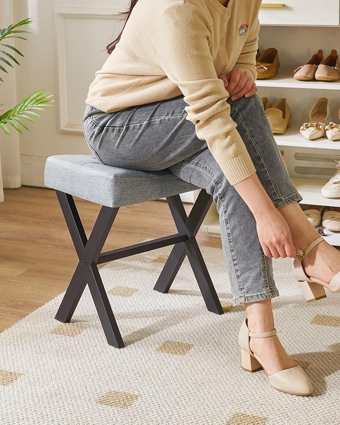 IBUYKE U-Shaped Linen Vanity Stool, Square Makeup Chair with X-Leg, Ottoman Seat Footrest Stool, Multi-Use as Small Side Table, for Bedroom, Living Room, Blue Gray WBD018L