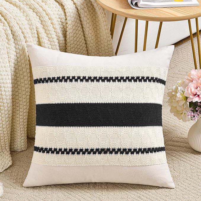 Fancy Homi Set of 2 Boho Black Decorative Throw Pillow Cover 20x20 Inch for Couch Bed Sofa, Aesthetic Modern Organic Farmhouse Home Decor, Soft Cotton Cute Accent Macrame Woven Cushion Case