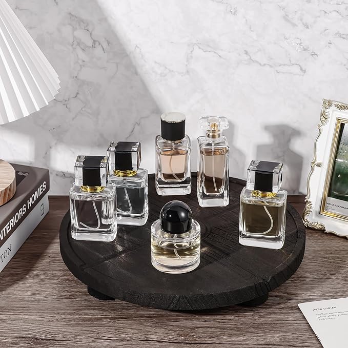 12'' Round Wooden Tray Pedestal Stand, Farmhouse Bathroom Decor Riser for Soap Dispenser, Perfume, Candle, 12'', Matte Black