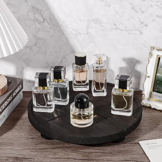 12'' Round Wooden Tray Pedestal Stand, Farmhouse Bathroom Decor Riser for Soap Dispenser, Perfume, Candle, 12'', Matte Black