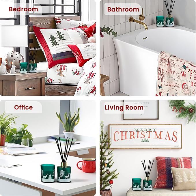 Brakula Christmas Reed Diffuser and Candles Set, 2 Pack/Total 8 oz, Fireside Juniper & Balsam Scented, 6 Diffuser Sticks with Christmas Bottle Design, Home Decor Bedroom Living Room Office