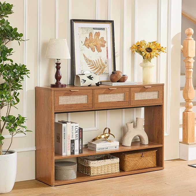 LEYAOYAO 48" Boho Rattan Console Table with 3 Drawers, 3 Tier Wooden Entryway Table with Open Storage Shelf, Narrow Long Behind Couch Sofa Tables for Living Room, Hallway, Entrance, Brown