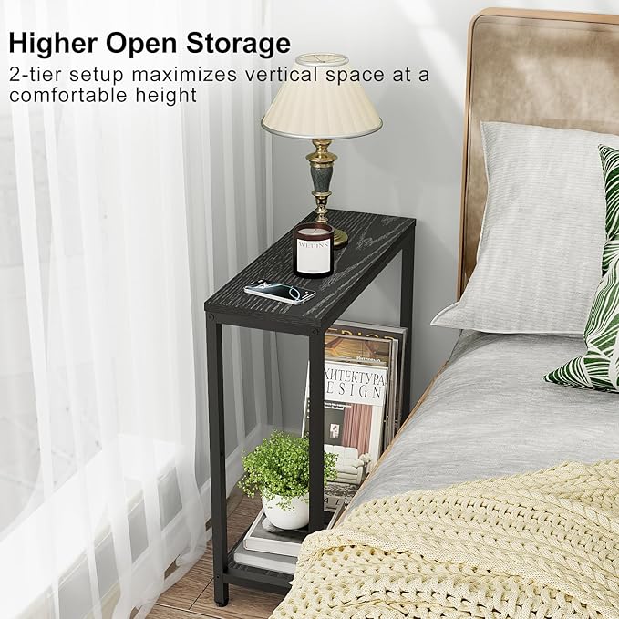 KIMBORA Narrow End Table for Small Spaces, 2 Tier Skinny Small Side Tables Living Room, Slim Couch Nightstand for Bedroom Bedside, Black