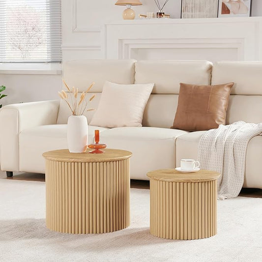 AVZEAR Round Nesting Coffee Table Set of 2, Small Fluted Coffee Table Circle Side Table, Boho Modern Wood Nesting Tables Farmhouse End Table Set for Living Room, Bedroom, Small Spaces(Natural)