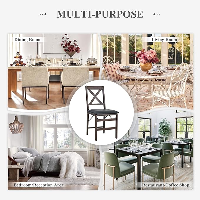 COLAMY Folding Dining Chairs Set of 2, Foldable Chairs with Padded Seats, Wood Folding Dining Room Chairs for Kitchen, Party, Camping, Dark Brown