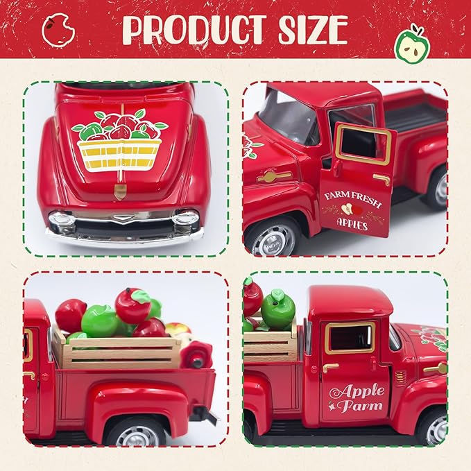 Apple Decor Farmhouse Vintage Red Truck with Fake Apples and Wooden Crate Fall Thanksgiving Table Decorations Mini Apples for Crafts Fall Tiered Tray Decor for Home Kitchen Apple Theme New Year Gifts