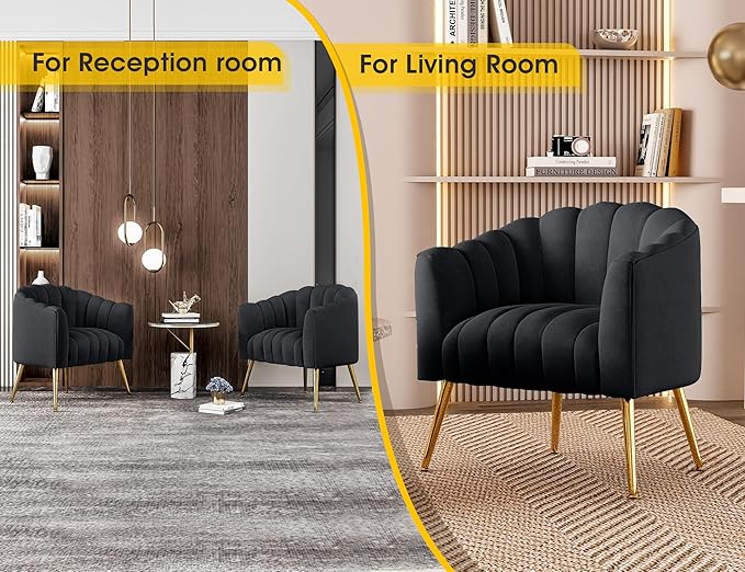 Oversized Pumpkin Couch Accent Chair, Modern Comfy Velvet Upholstered Barrel Chairs, Luxury Single Sofa Armchair for Living Room, Waiting Room, Office and Vanity, (Black)