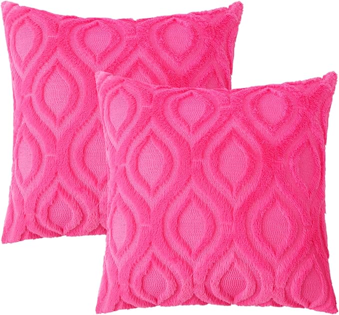 decorUhome Throw Pillow Covers 20x20 Inch Set of 2, Soft Plush Faux Wool Hot Pink Solid Couch Pillow Covers, Accent Farmhouse Neutral Square Pillow Cases for Sofa Bed Living Room