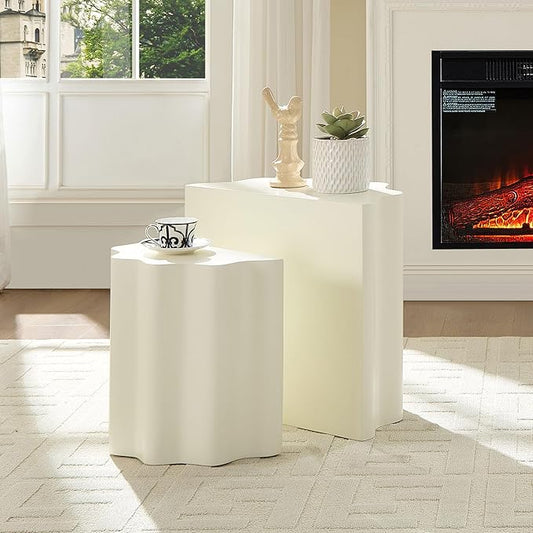 WILLIAMSPACE Nesting Coffee Table Set of 2 for Living Room, Modern Circle Center Table with Wavy Edges Design, Accent End Side Table for Small Space, No Need Assembly (Fiberglass, 22.05"+16.93")