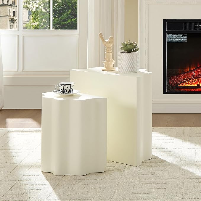 kevinplus 2-in-1 Irregular Nesting Side Table End Table Set of 2 for Living Room, Fiberglass Material & No Assembly, Beige