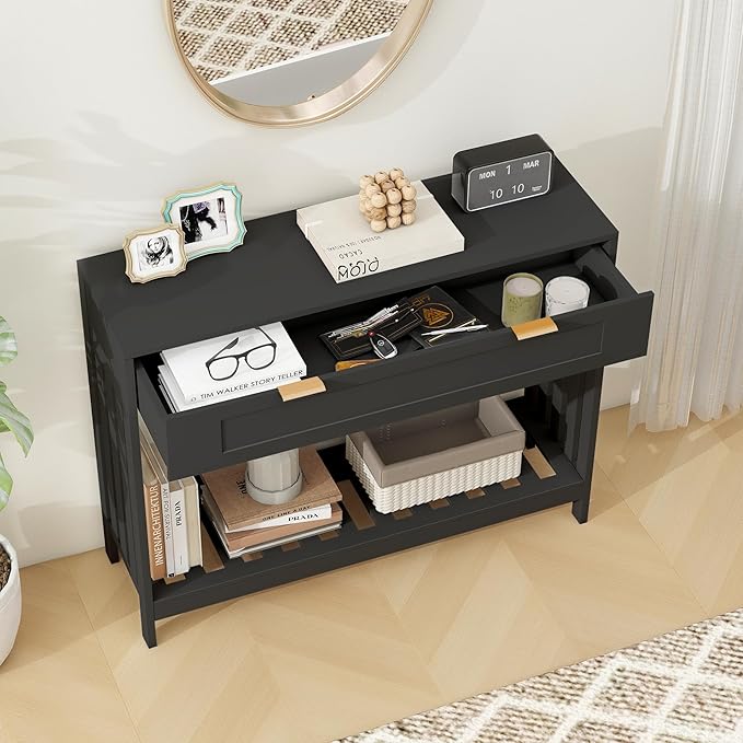 Console Table with Drawers Narrow Entry Table with Large Drawer & Open Storage Slats Shelf, Wooden Long Behind Couch Sofa Table for Living Room,Entryway, Foyer, Hallway(Black)