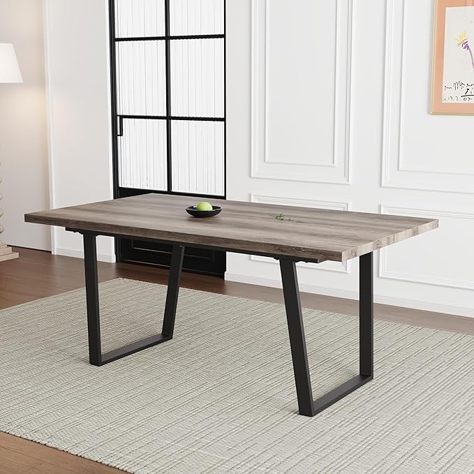 Modern Wooden Dining Table, 63'' Wooden Rectangle Table, Kitchen & Dining Room Table, Modern Kitchen Dining Table with Metal Legs for Living Room & Dining Room